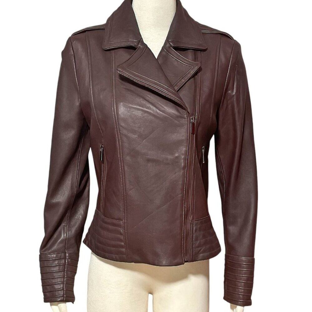 Badgley Mischka Gia Brown Leather NWOT Biker Jacket Style #63409 Size M